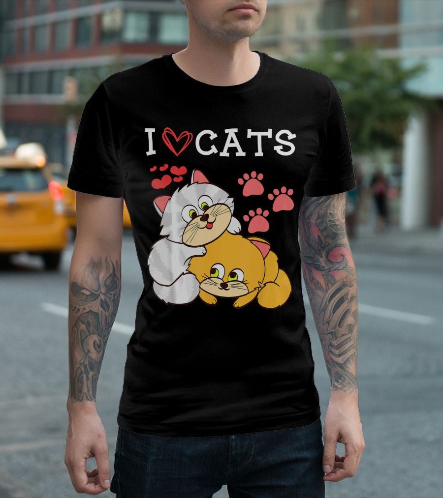 I Love Cats Adorable Kittens Paw Prints and Heart T-Shirt