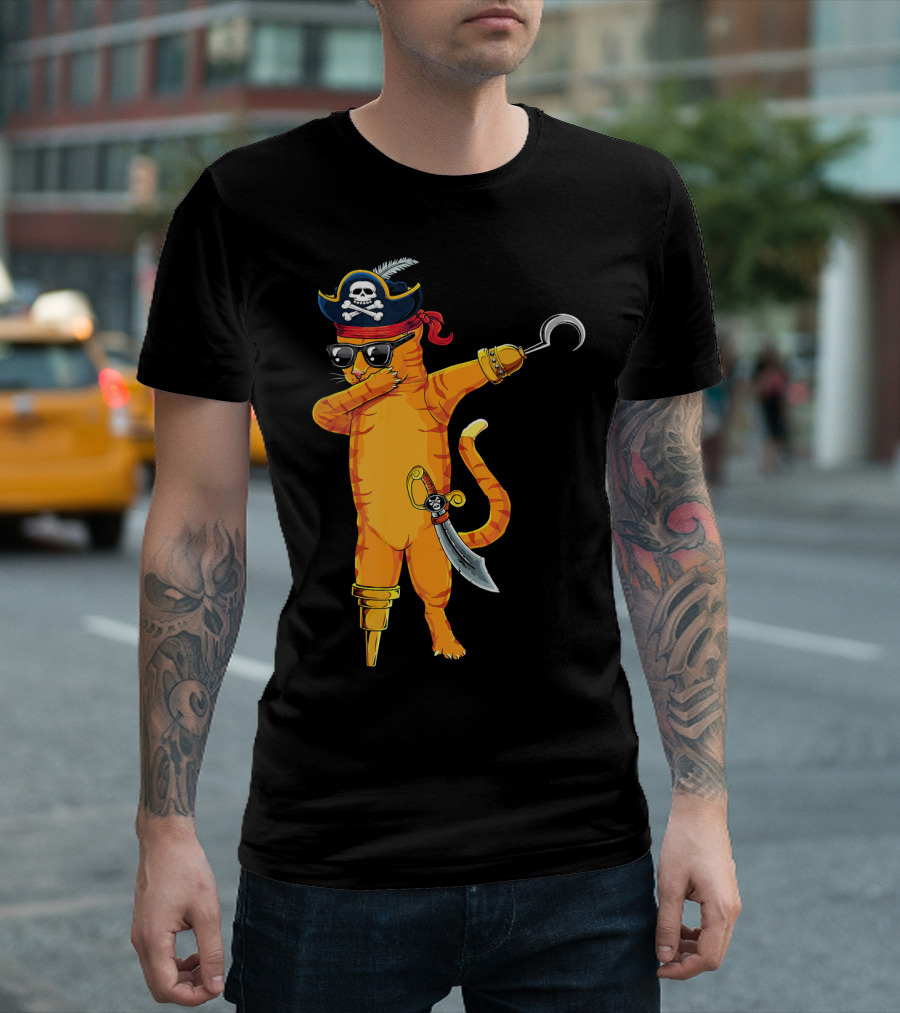 Dabbing Pirate Cat with Sunglasses Hook and Peg Leg T-Shirt