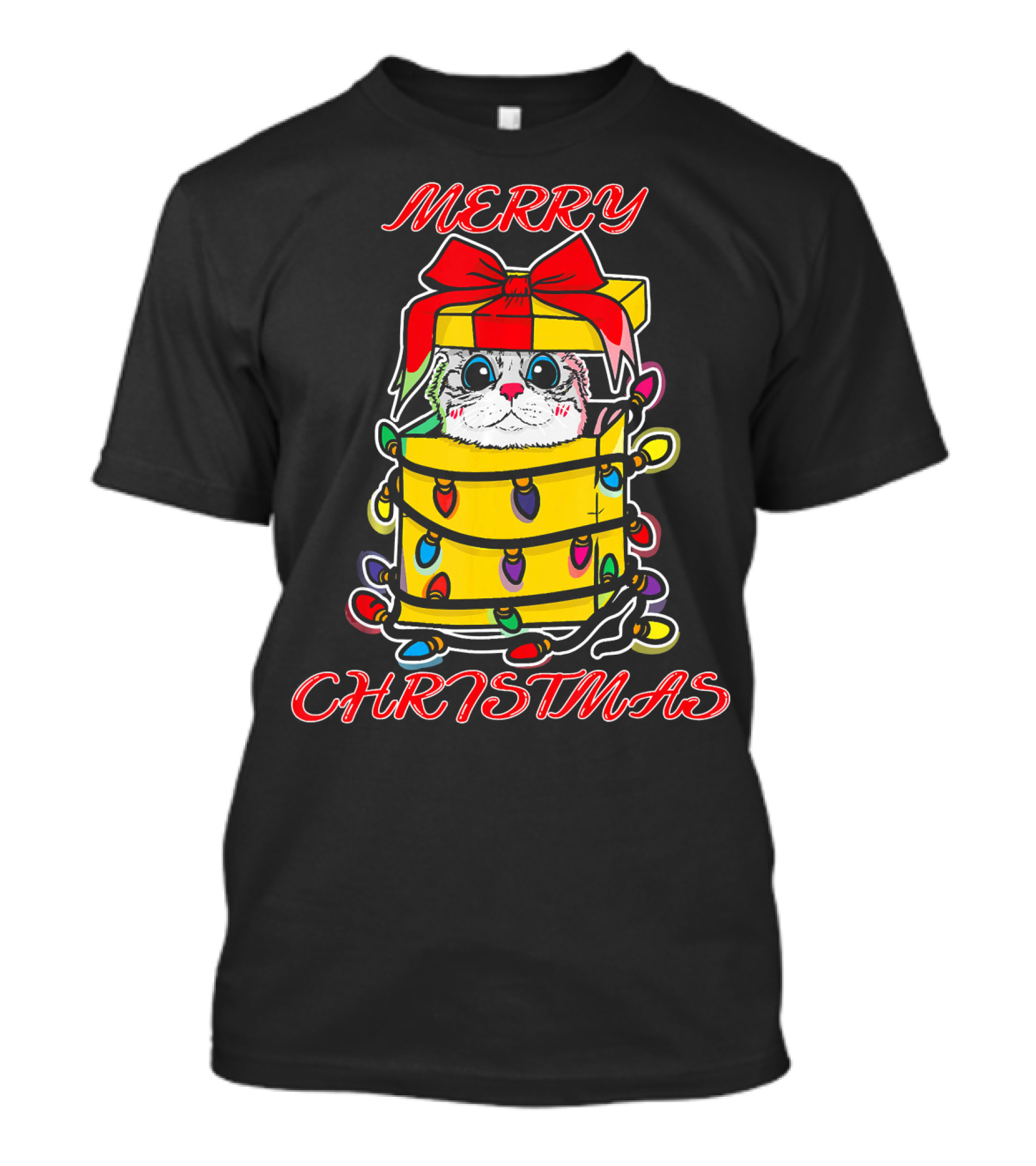 Merry Christmas Kitten Wrapped In Lights Present Box T-Shirt