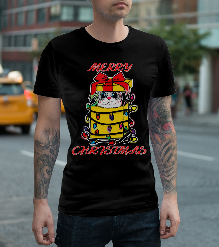 Merry Christmas Kitten Wrapped In Lights Present Box T-Shirt