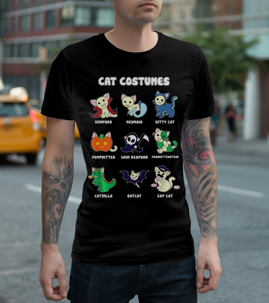 Cat Costumes Vampurr Mewmaid Kitty Cat Pumpkitten Grim Reapurr Frankittenstein Catzilla Batcat Cop Cat T-Shirt