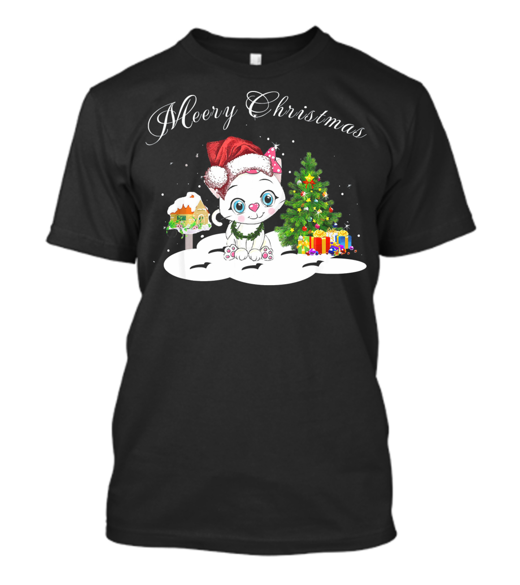 Merry Christmas Funny Kitten Cat With Santa Hat And Christmas Tree T-Shirt