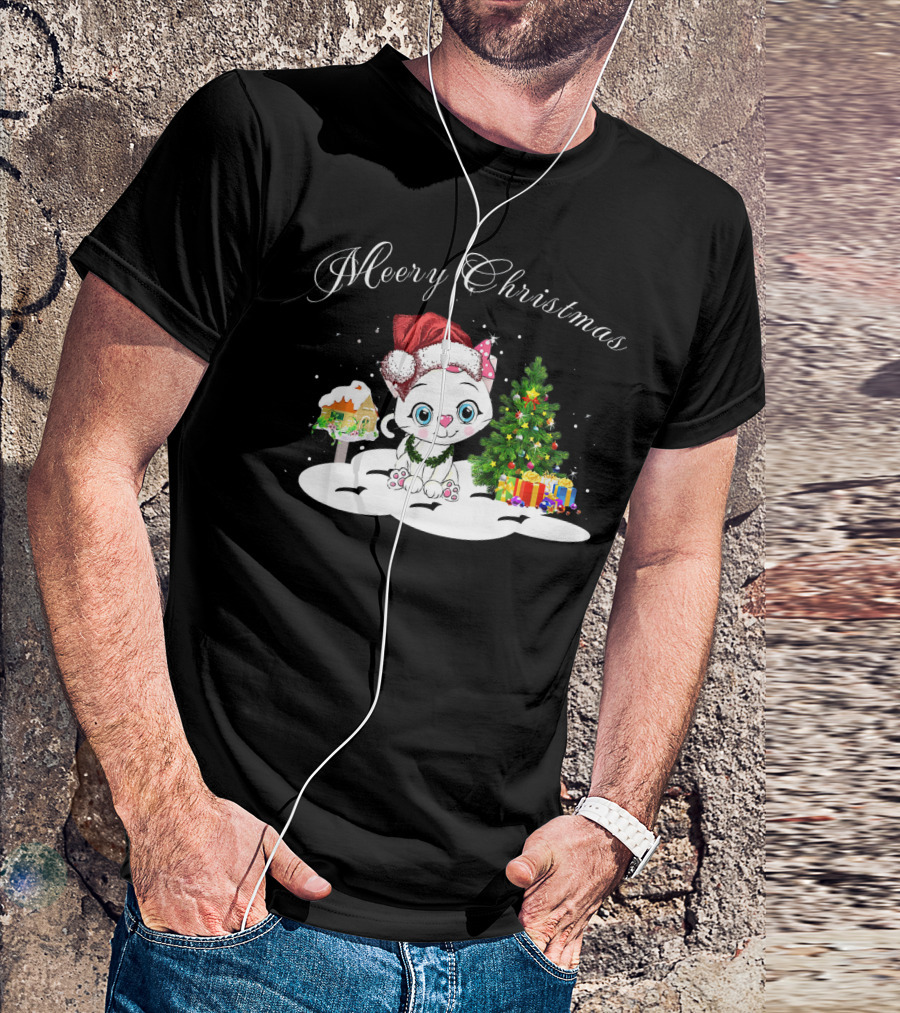 Merry Christmas Funny Kitten Cat With Santa Hat And Christmas Tree T-Shirt