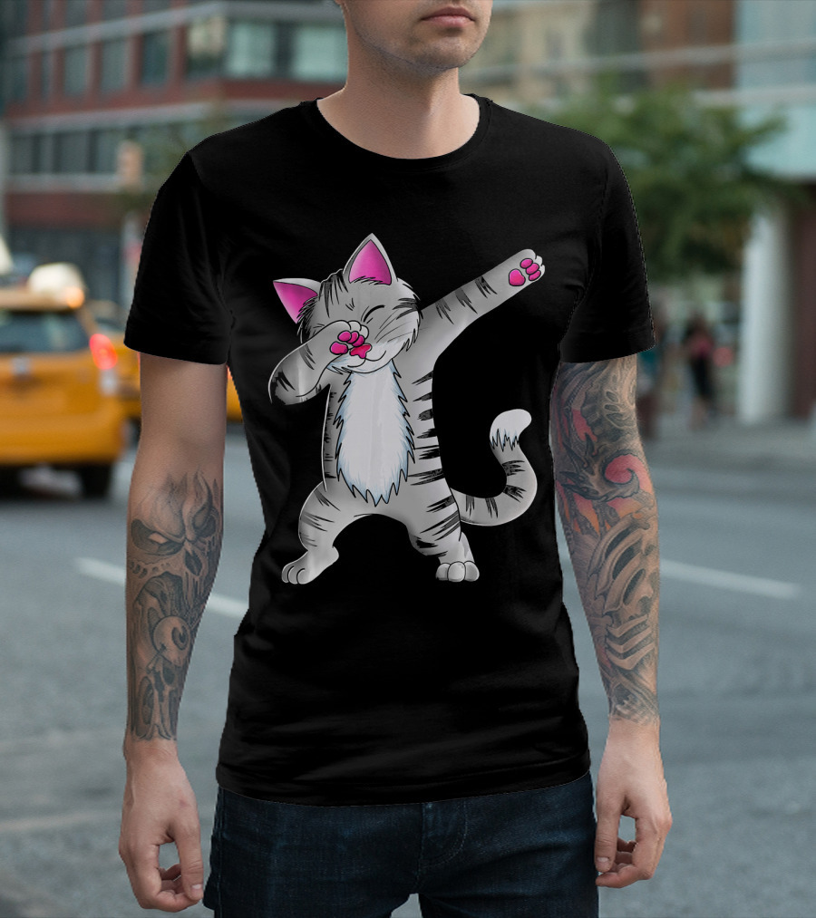 Dabbing Cat Kitten Funny Dab Dance Striped Feline With Pink Ears And Paws T-Shirt