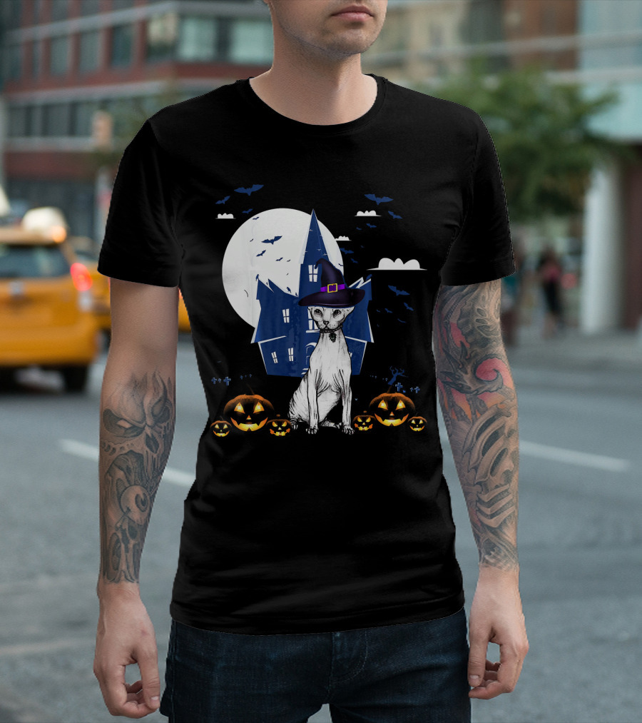 Sphynx Cat Witch with Pumpkins and Haunted House Under Full Moon T-Shirt