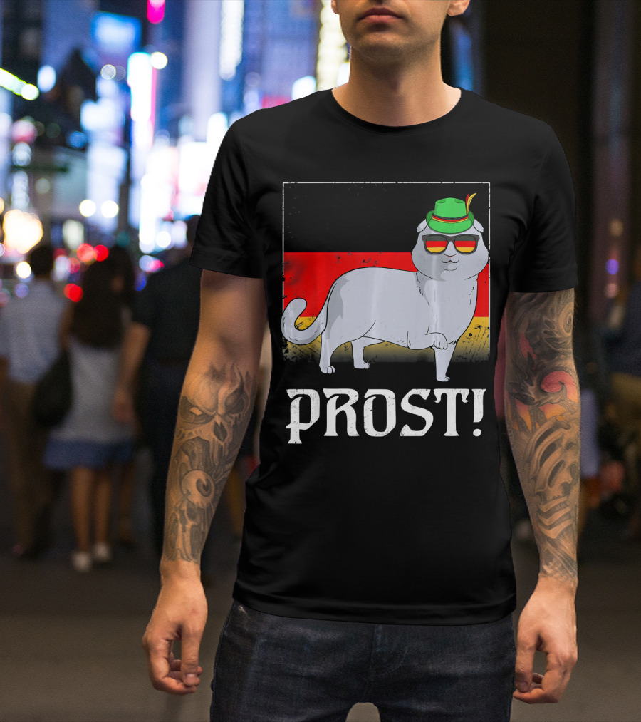 Scottish Fold Cat With German Hat And Glasses Oktoberfest Prost T-Shirt