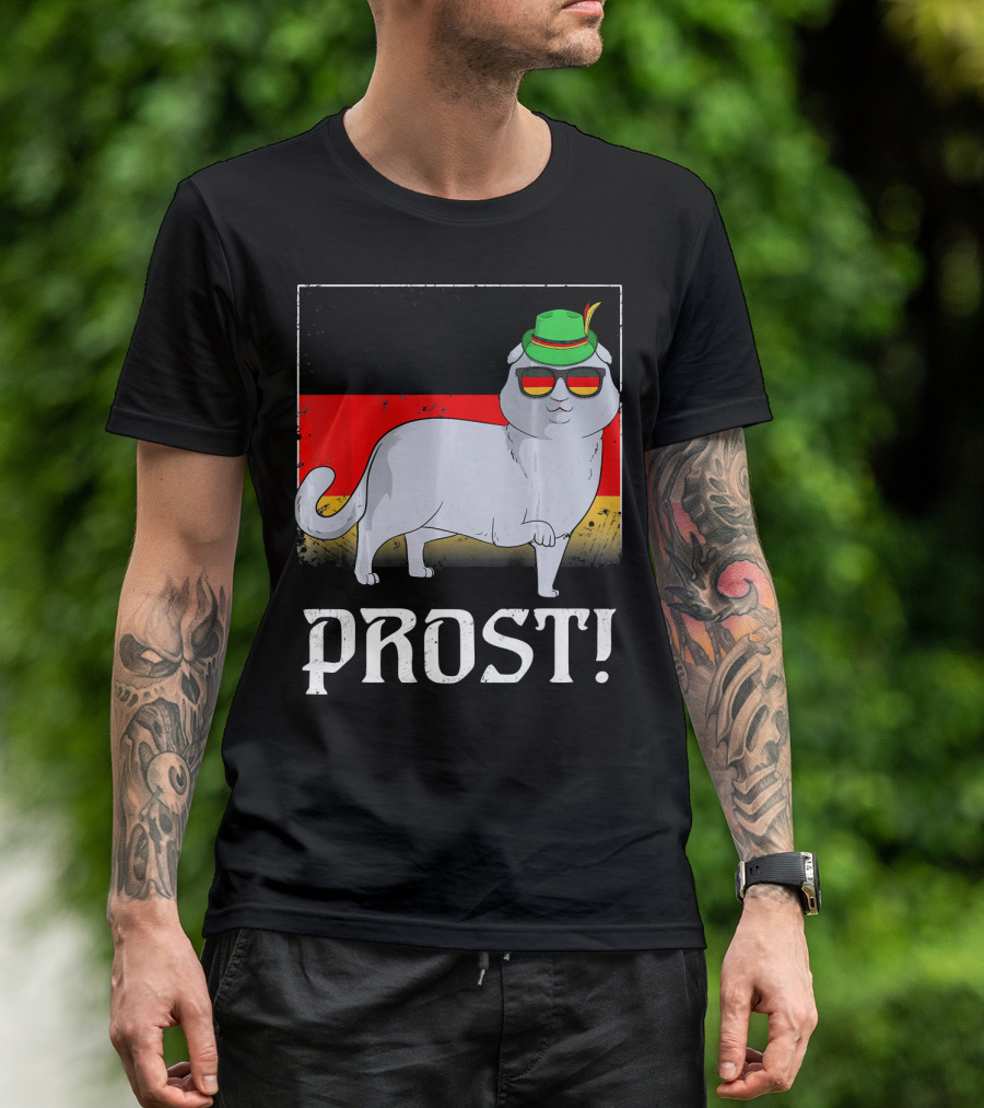 Scottish Fold Cat With German Hat And Glasses Oktoberfest Prost T-Shirt
