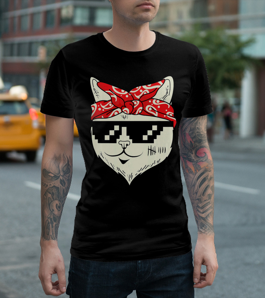 Gangsta Cat Pixelated Sunglasses Red Bandana Urban T-Shirt