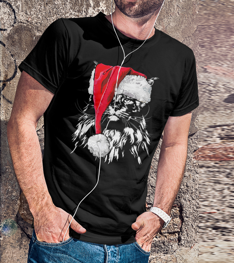 Funny Santa Hat Maine Coon Christmas Cat T-Shirt