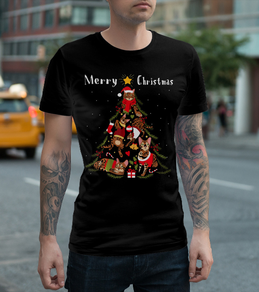 Merry Christmas Bengal Cat Christmas Tree Xmas Cat Lover T-Shirt