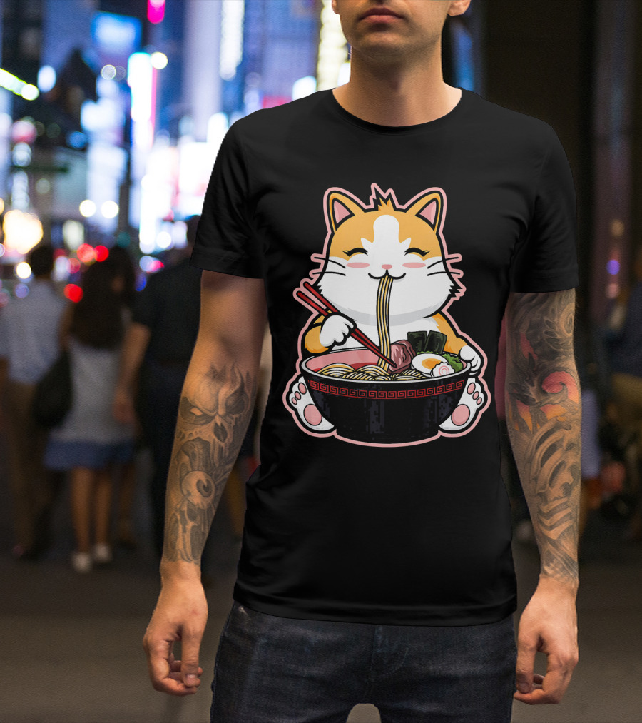 Kitten Cat Enjoying Japanese Ramen Noodles Bowl T-Shirt