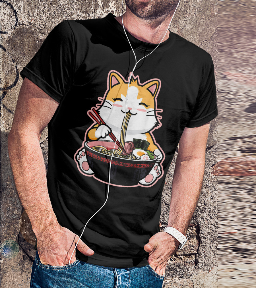 Kitten Cat Enjoying Japanese Ramen Noodles Bowl T-Shirt