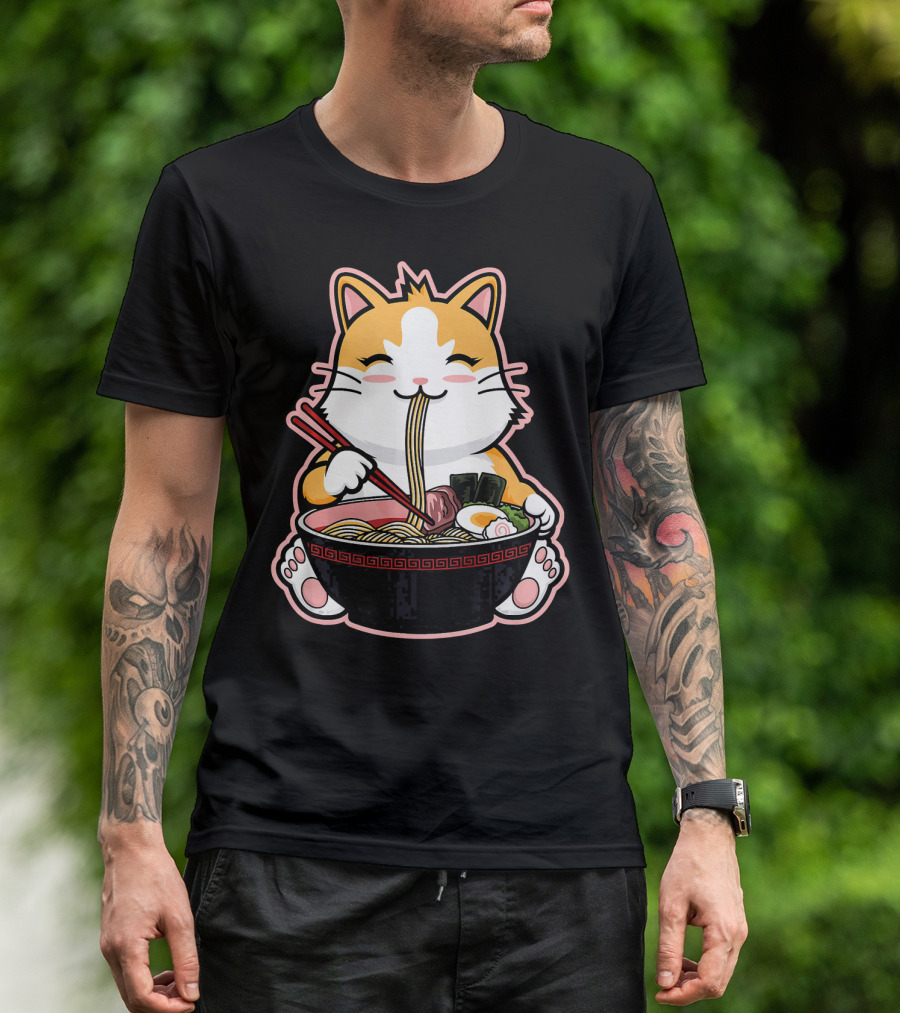 Kitten Cat Enjoying Japanese Ramen Noodles Bowl T-Shirt