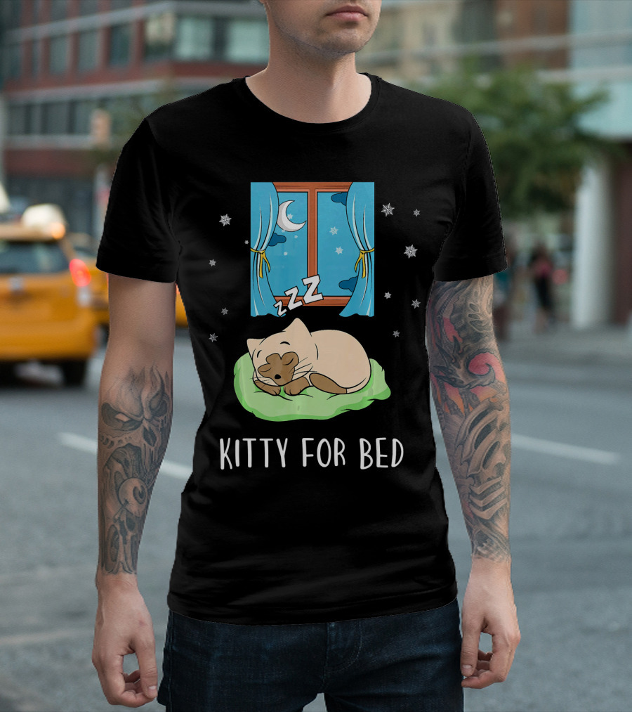 Kitty For Bed Cute Sleepy Siamese Cat by Window with Stars and Moon T-Shirt