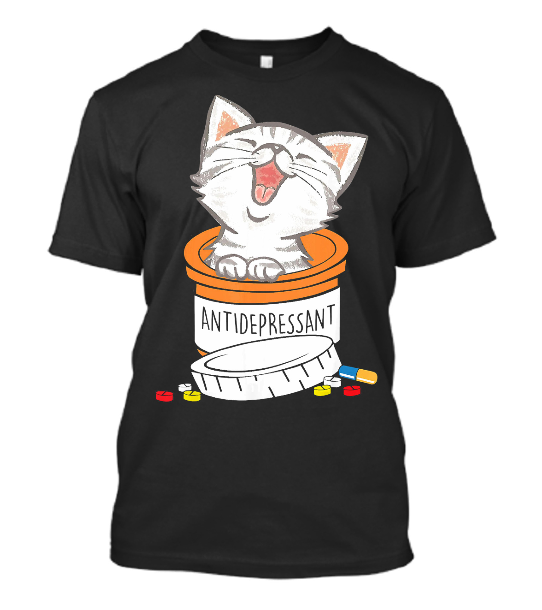 Funny Cute Cat In Antidepressant Pill Bottle T-Shirt