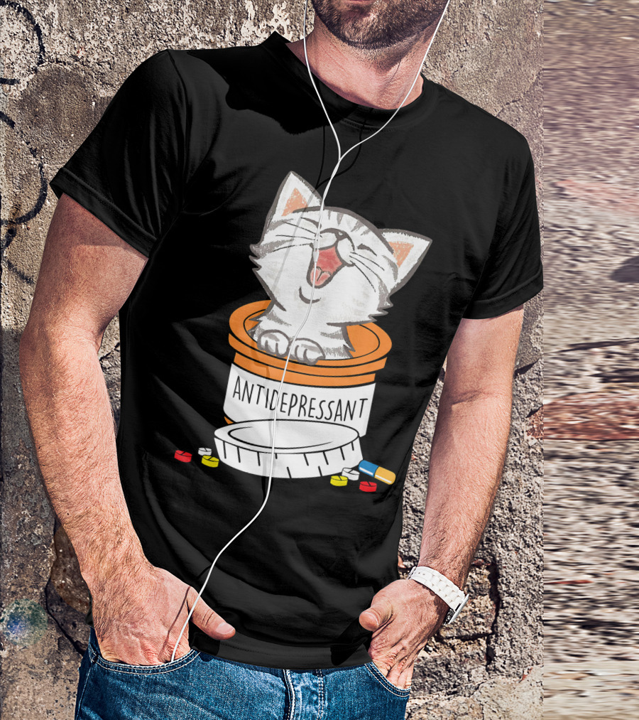 Funny Cute Cat In Antidepressant Pill Bottle T-Shirt