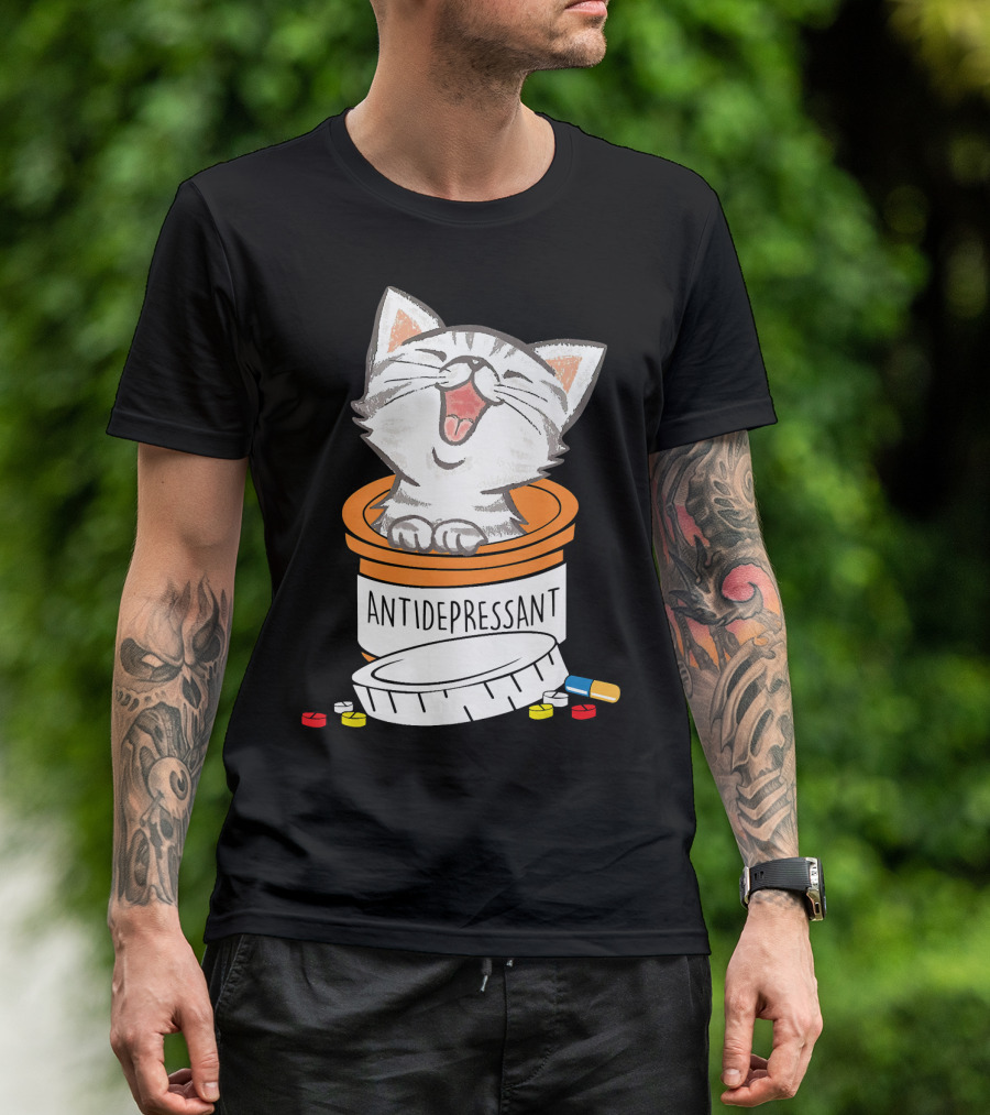 Funny Cute Cat In Antidepressant Pill Bottle T-Shirt