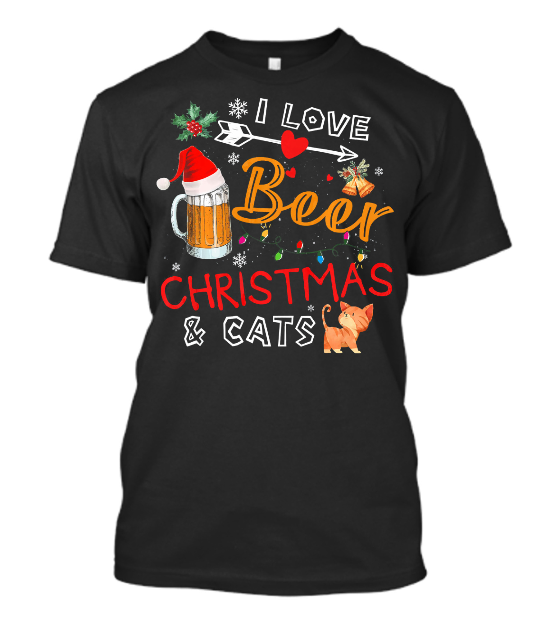 I Love Beer Christmas And Cats Santa Hat Lights T-Shirt