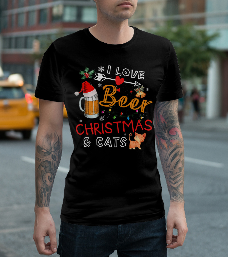 I Love Beer Christmas And Cats Santa Hat Lights T-Shirt