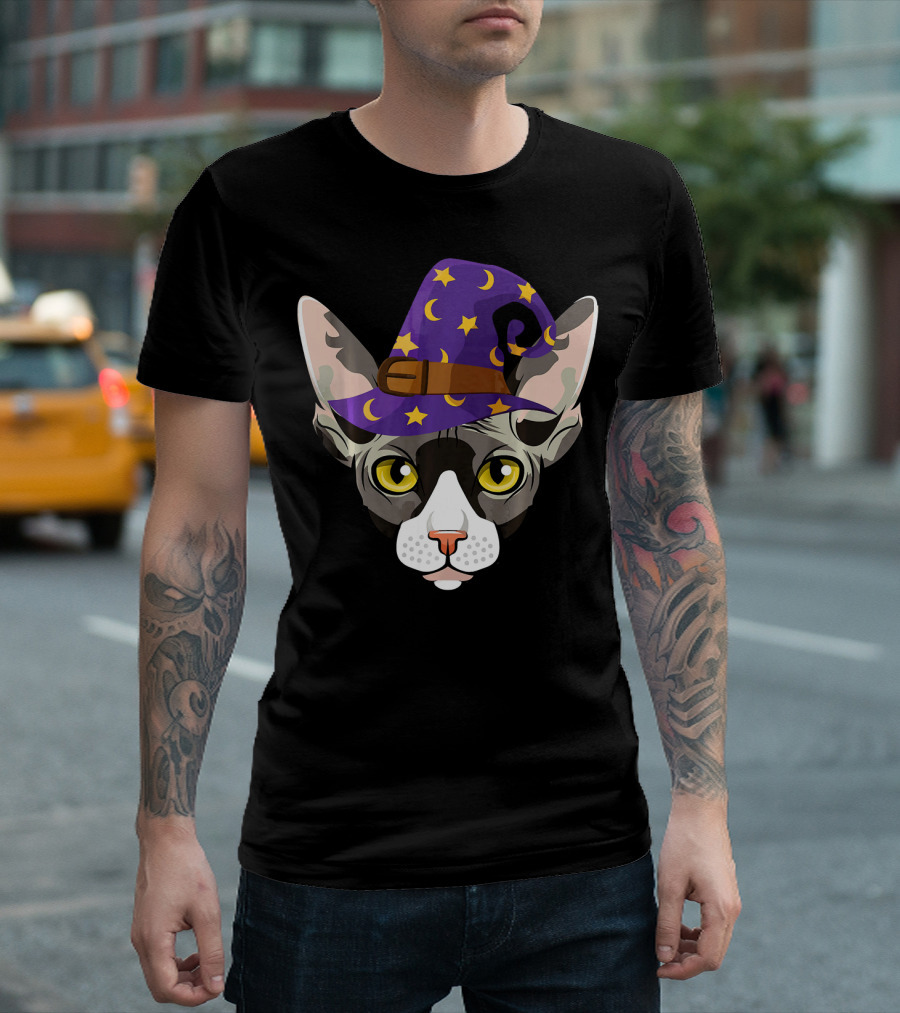 Halloween Sphynx Witch Cat Funny Moon Hat T-Shirt