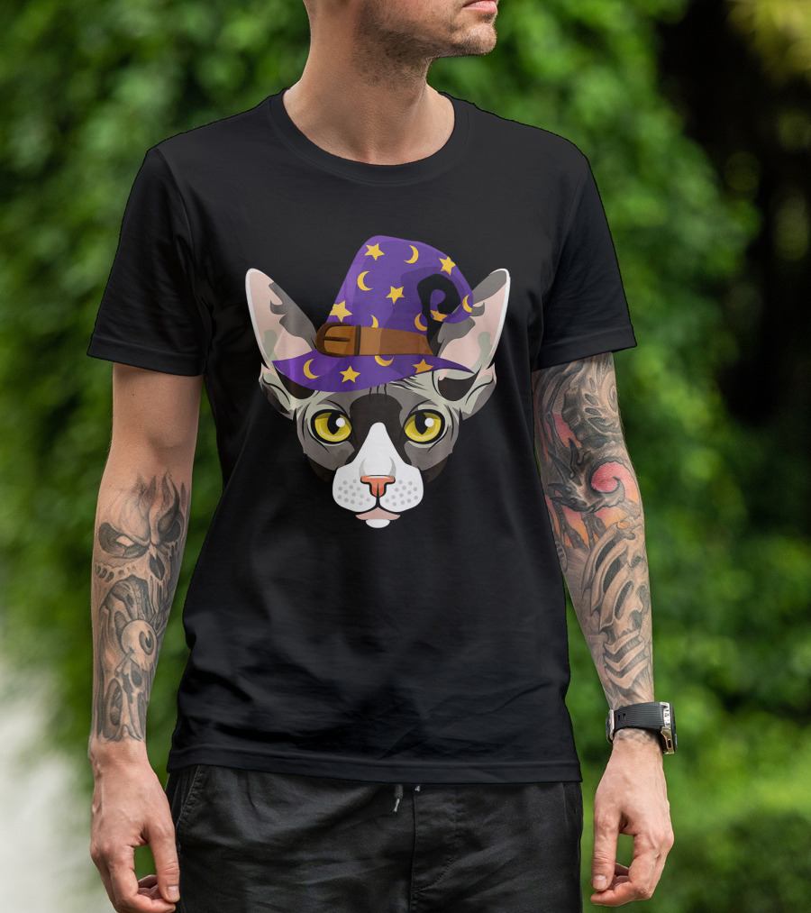 Halloween Sphynx Witch Cat Funny Moon Hat T-Shirt
