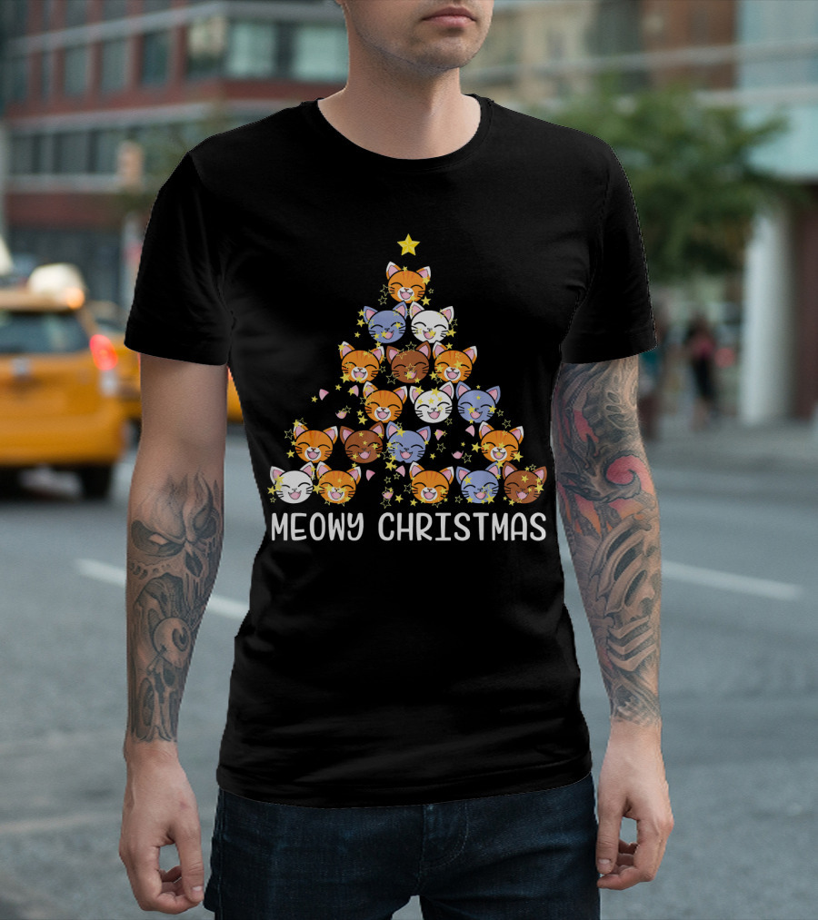 Meowy Christmas Kitten Fir Tree Star Cats T-Shirt