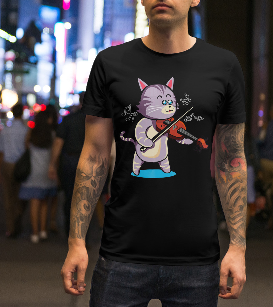 VIOLIN PLAYING COOL GREY CAT WITH MUSICAL NOTES AND BOWTIE T-Shirt