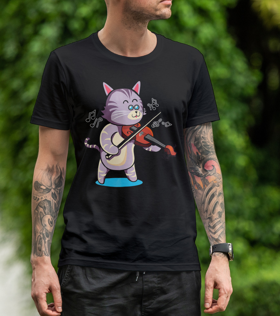 VIOLIN PLAYING COOL GREY CAT WITH MUSICAL NOTES AND BOWTIE T-Shirt