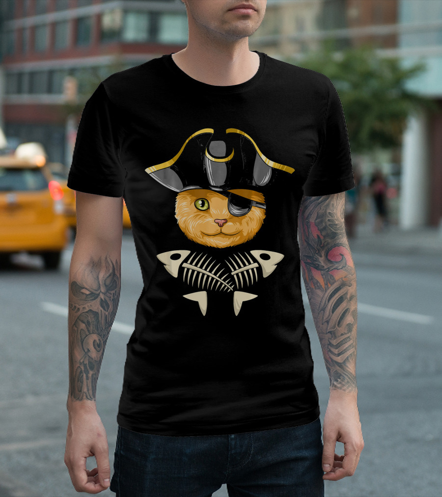 Pirate Cat Buccaneer Eye Crossbones Fishbone Hat T-Shirt