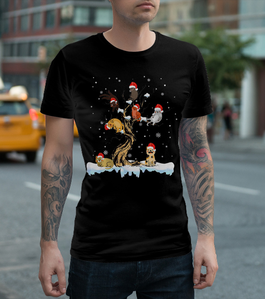 Cats Xmas Tree with Kittens and Snowflakes T-Shirt