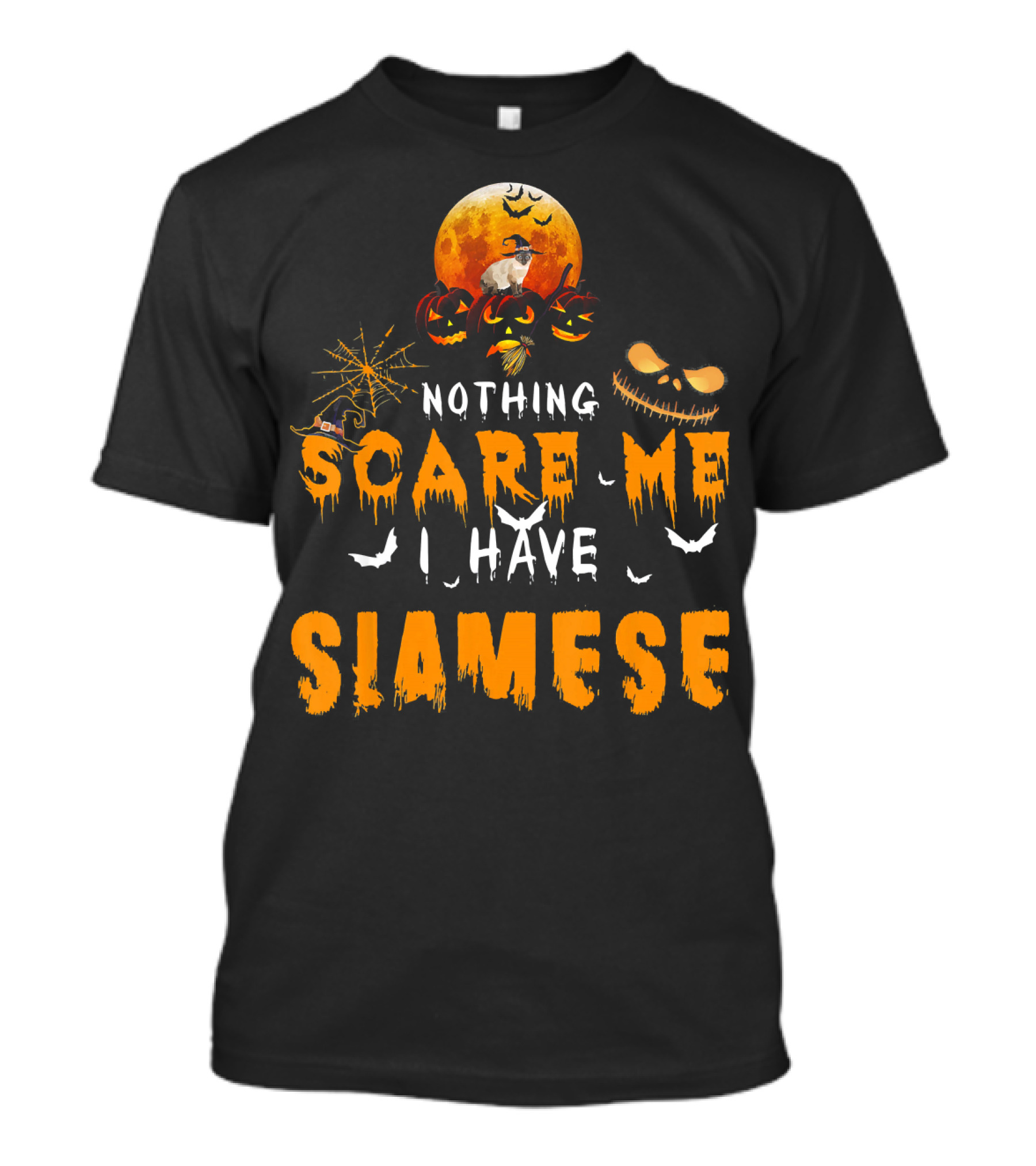 Nothing Scare Me I Have Siamese Cat Halloween Pumpkins Full Moon Bats Jack-o'-Lanterns T-Shirt
