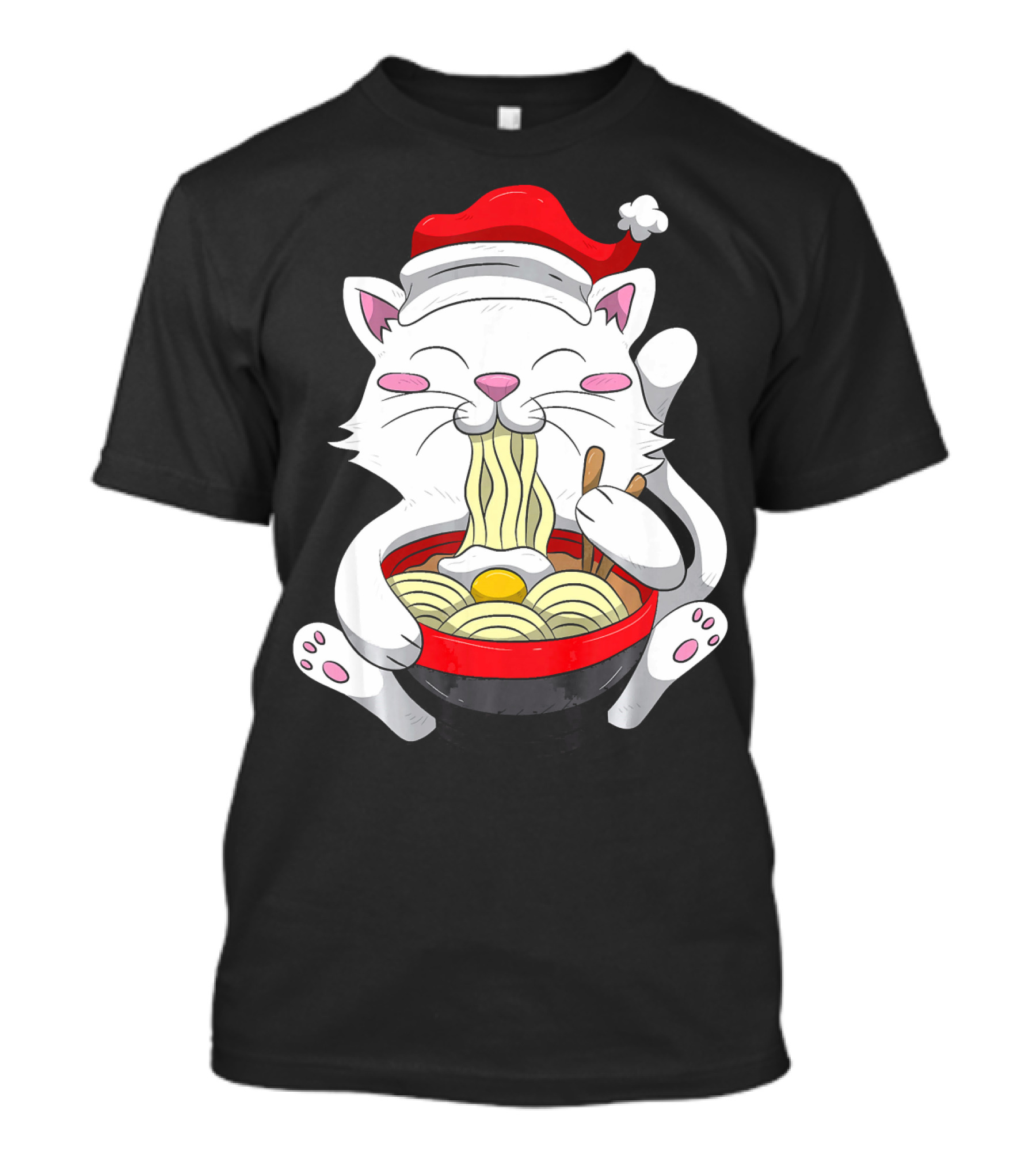 Anime Cat Santa Hat Eating Noodles Cute Kitten T-Shirt