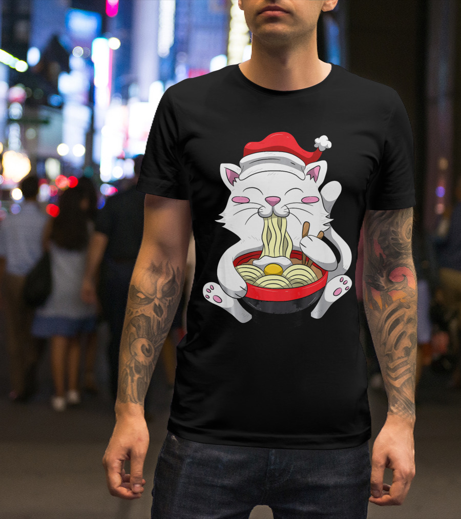 Anime Cat Santa Hat Eating Noodles Cute Kitten T-Shirt