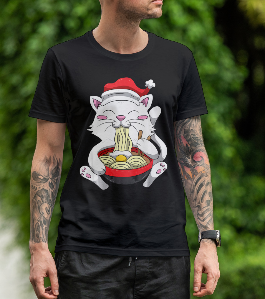 Anime Cat Santa Hat Eating Noodles Cute Kitten T-Shirt