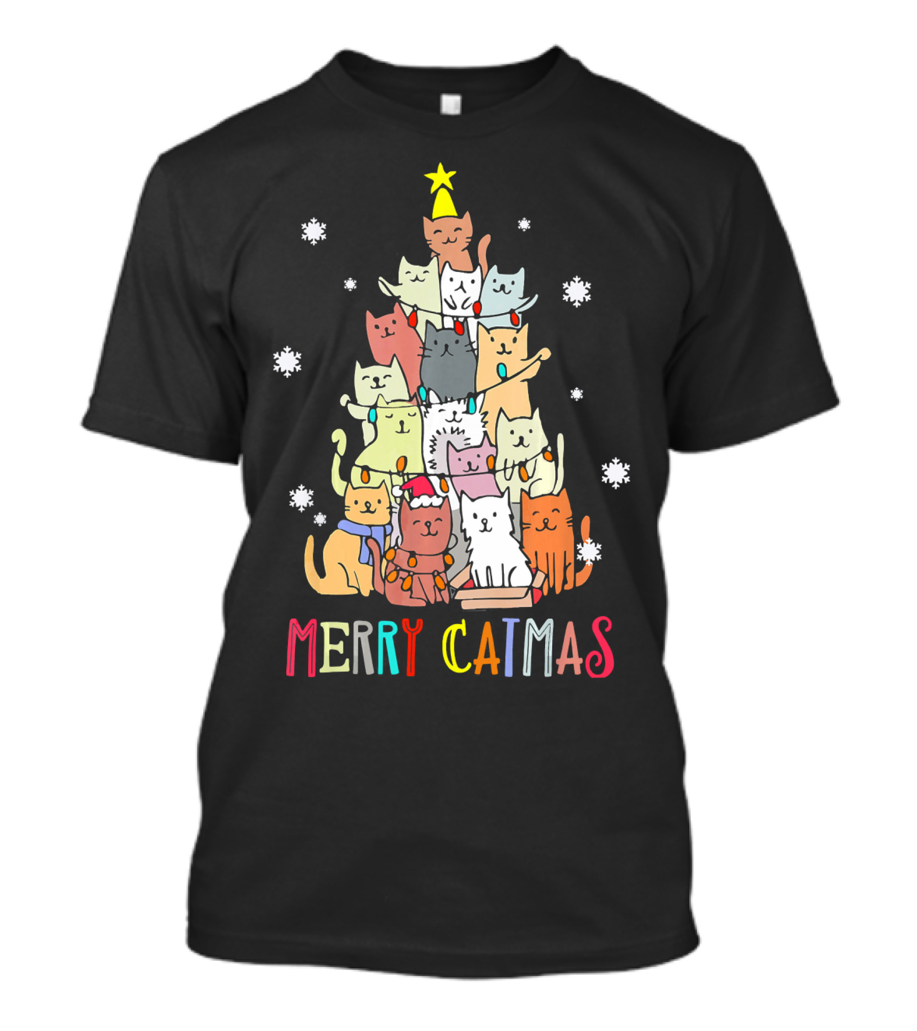 Merry Catmas Christmas Tree Of Kittens With Santa Hats And Snowflakes T-Shirt