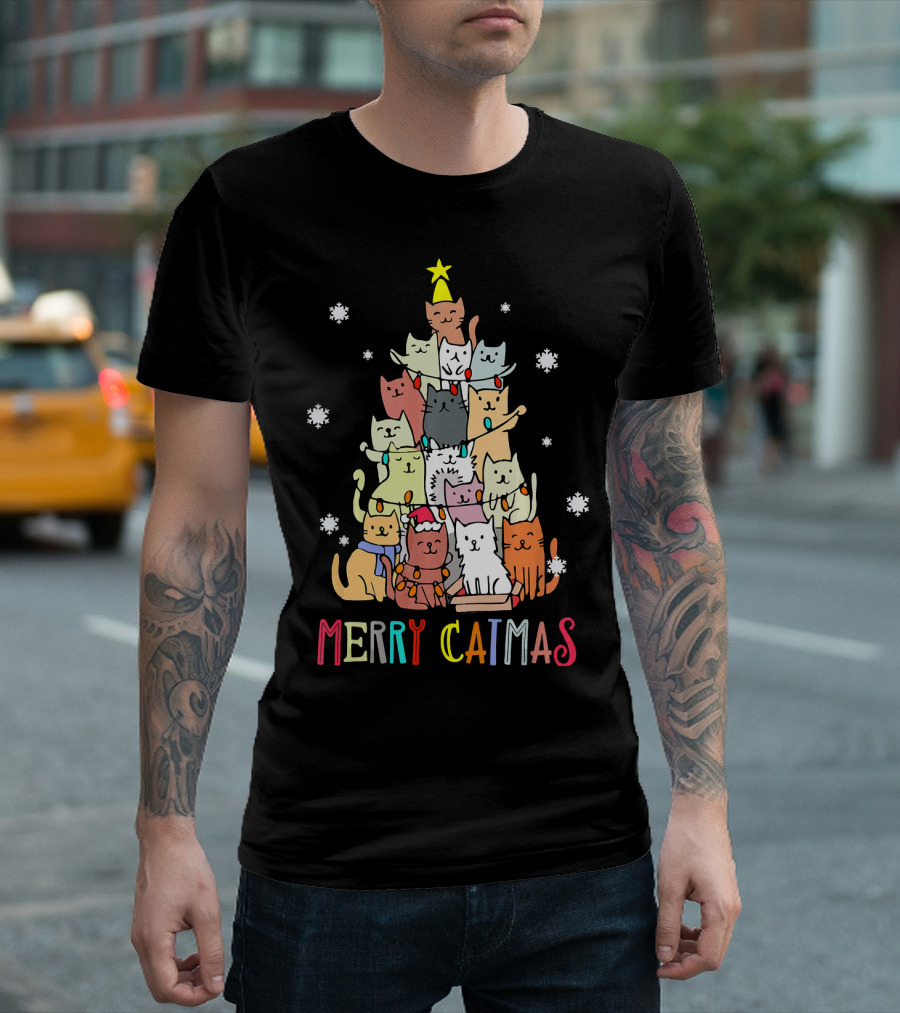 Merry Catmas Christmas Tree Of Kittens With Santa Hats And Snowflakes T-Shirt