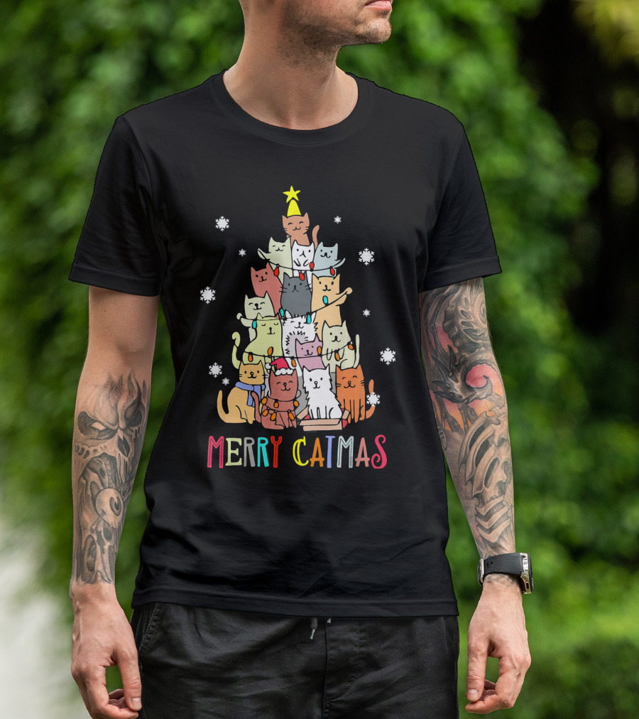 Merry Catmas Christmas Tree Of Kittens With Santa Hats And Snowflakes T-Shirt
