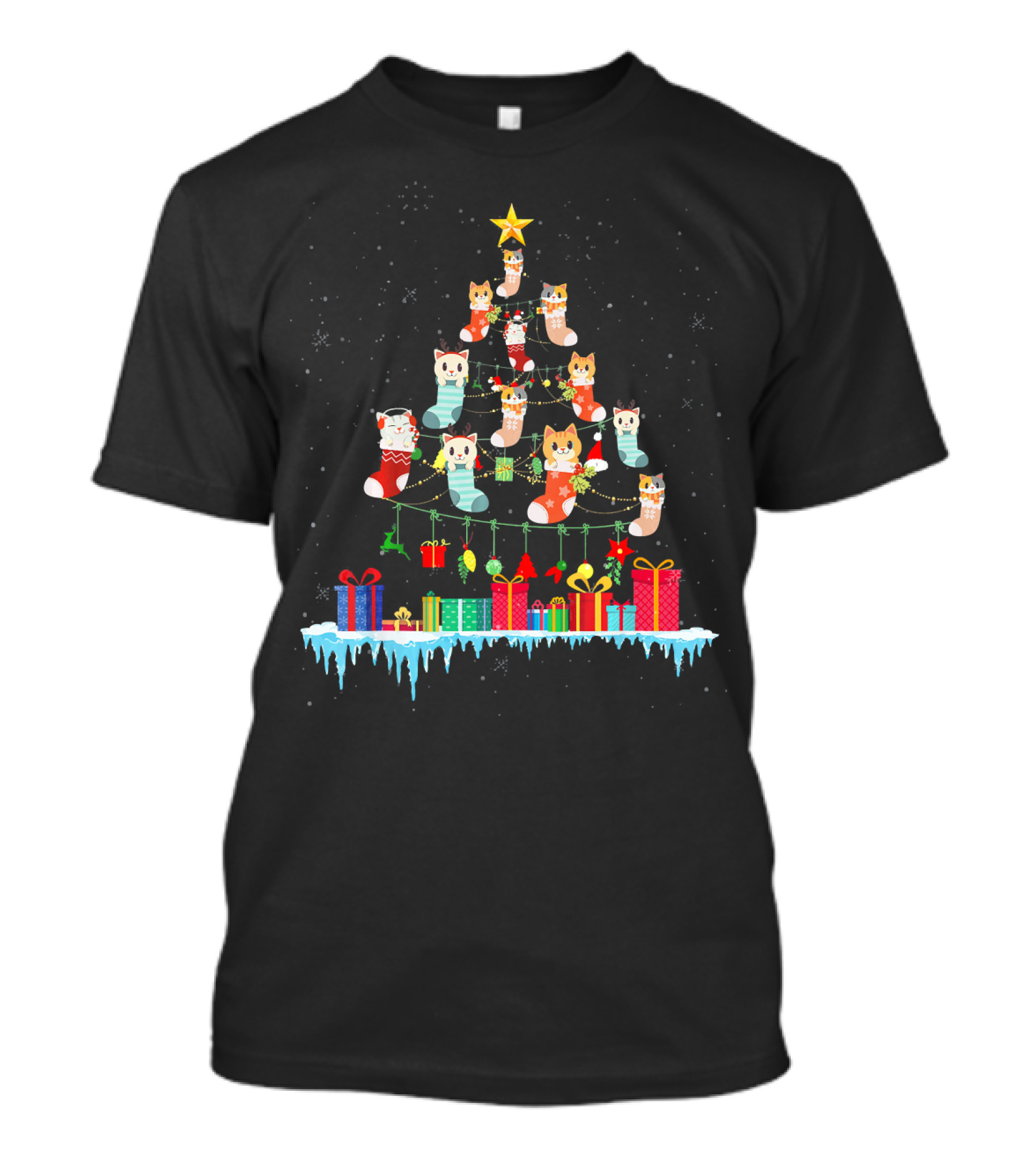 Cute Cat Christmas Light Kitten Merry Tree With Stockings And Gifts T-Shirt