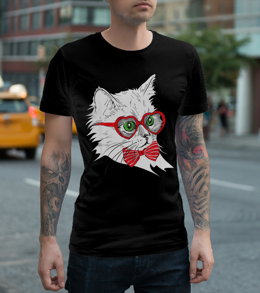 Cute White Kitten with Heart Sunglasses and Red Bow Tie T-Shirt
