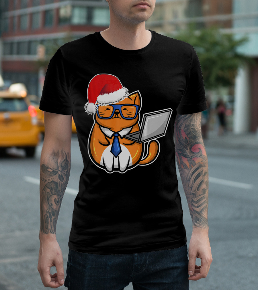CHRISTMAS Cat Laptop Kitty with Santa Hat and Glasses T-Shirt