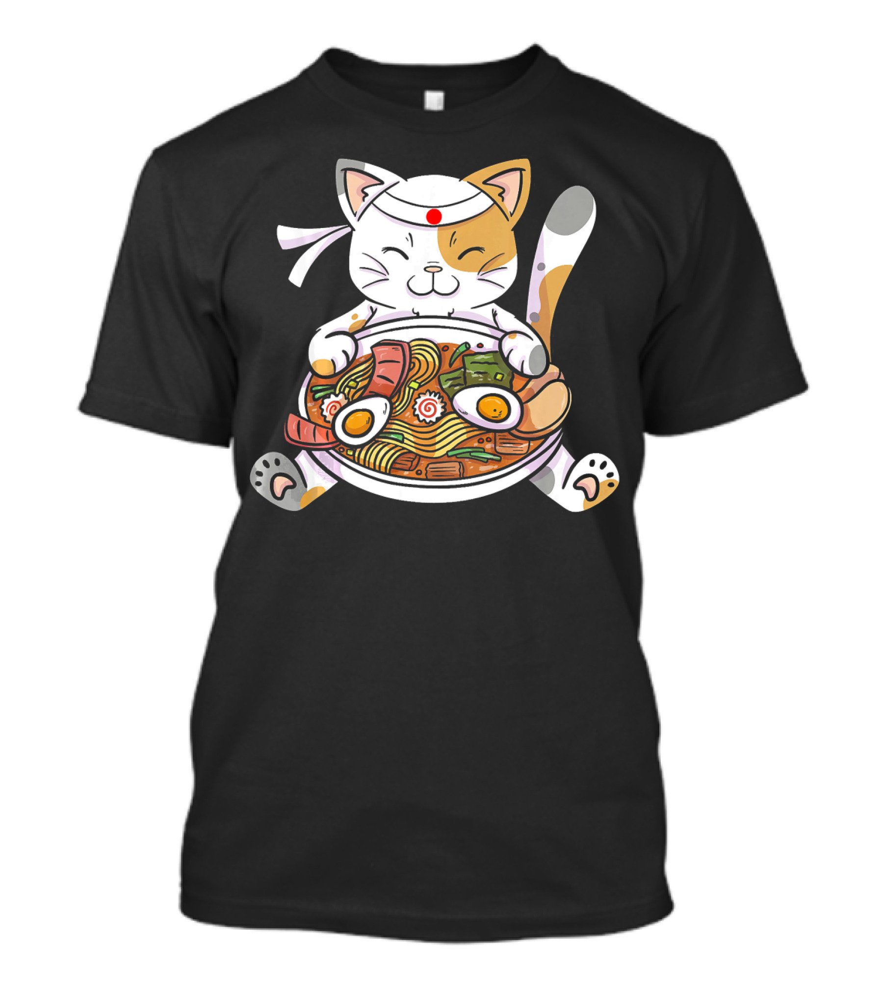 Kawaii Japanese Anime Calico Cat Enjoying Ramen Bowl T-Shirt