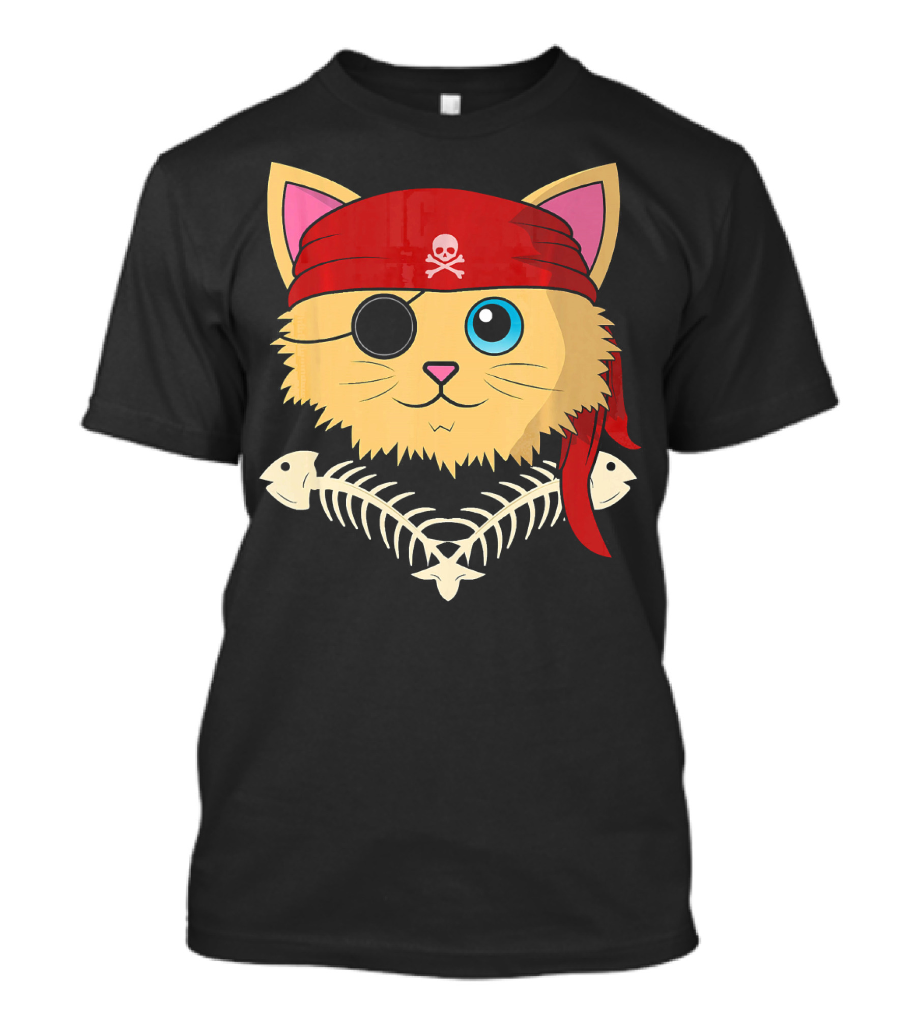 Cute Kitten Pirate With Fish Bones Eye Patch Skull And Crossbones Bandana T-Shirt
