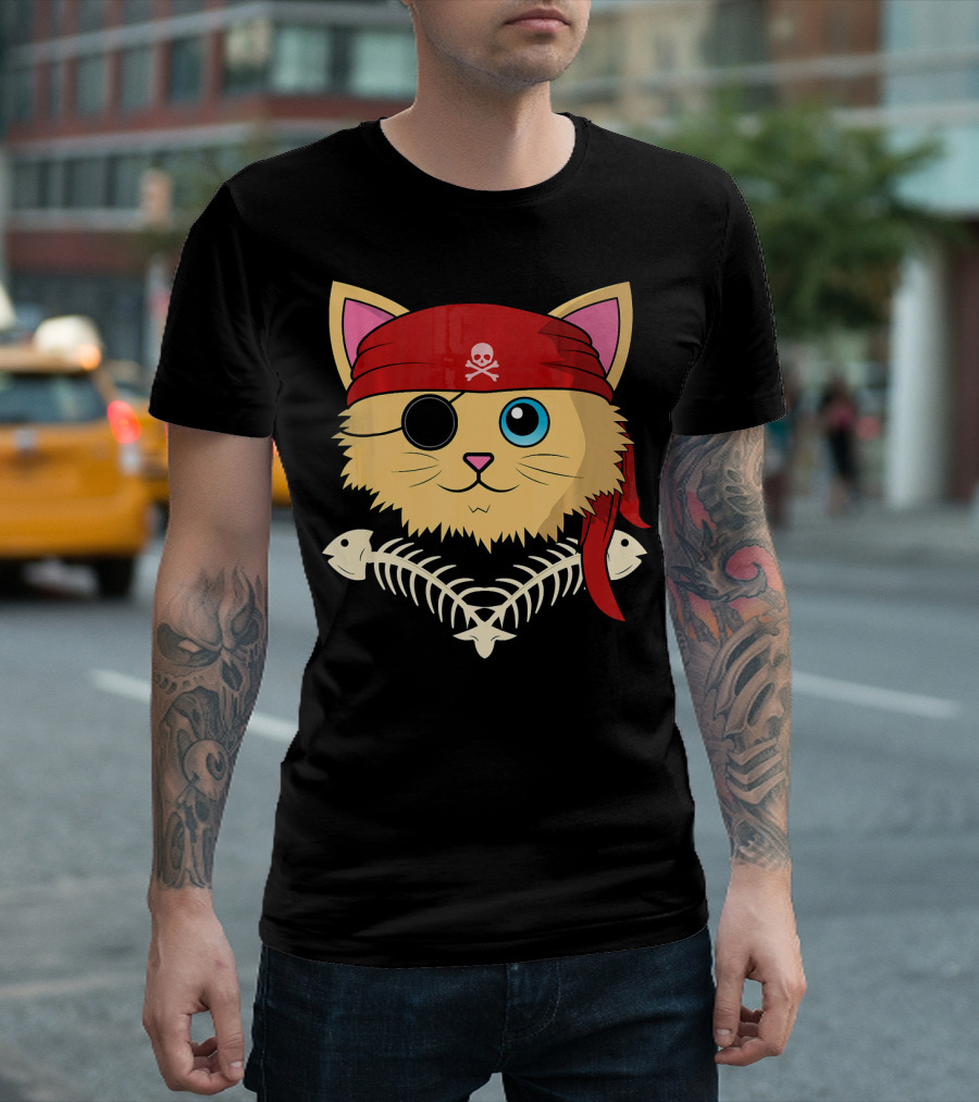 Cute Kitten Pirate With Fish Bones Eye Patch Skull And Crossbones Bandana T-Shirt