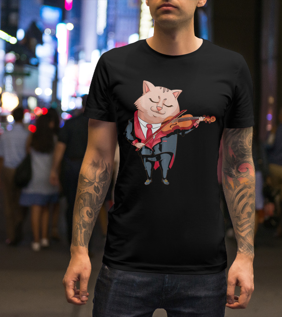 Cool Cat Playing Violin Funny Kitten Ensemble In Suit T-Shirt