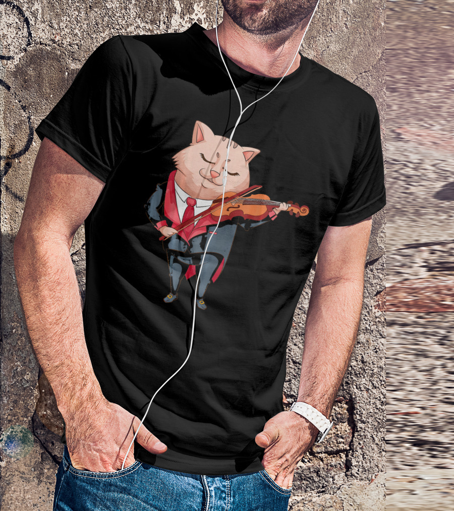Cool Cat Playing Violin Funny Kitten Ensemble In Suit T-Shirt