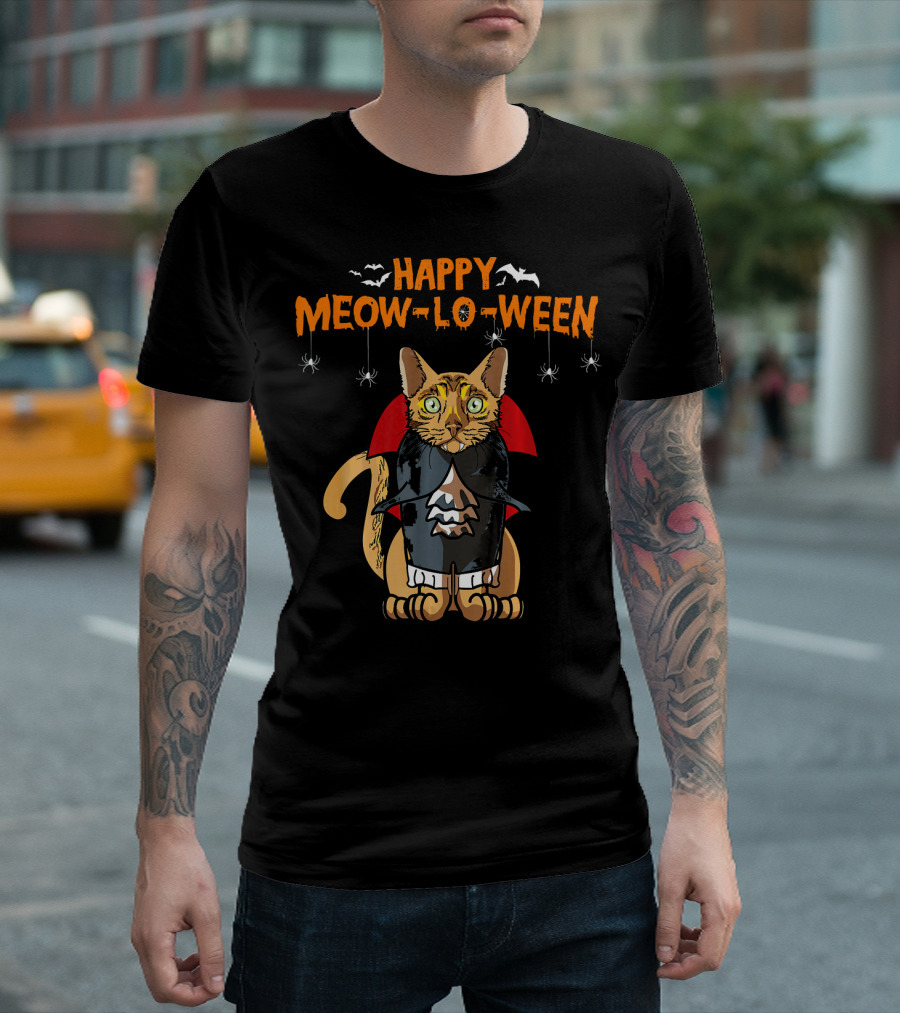 Happy Meow-Lo-Ween Bengal Vampire Cat with Bats and Spiders T-Shirt