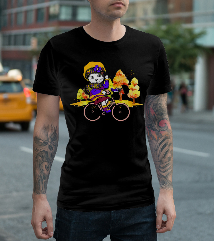 Lovely Kitten Cycling in Fall with Funny Cute Cat and Colorful Trees T-Shirt