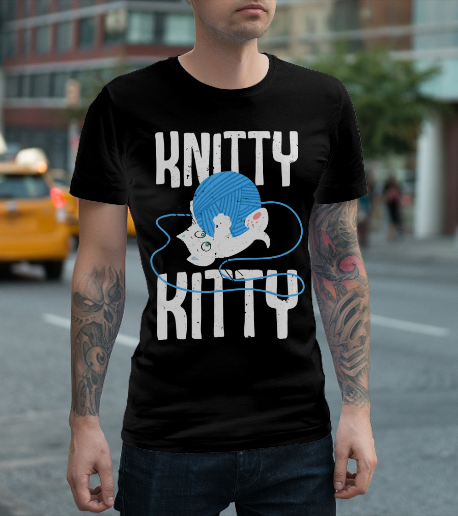 Knitty Kitty with Funny Knitting Kitten and Blue Yarn Ball T-Shirt
