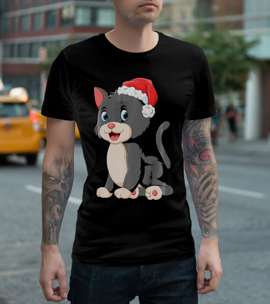Kitten Cat Santa Hat Ugly Christmas Tree Cute Festive Cartoon T-Shirt