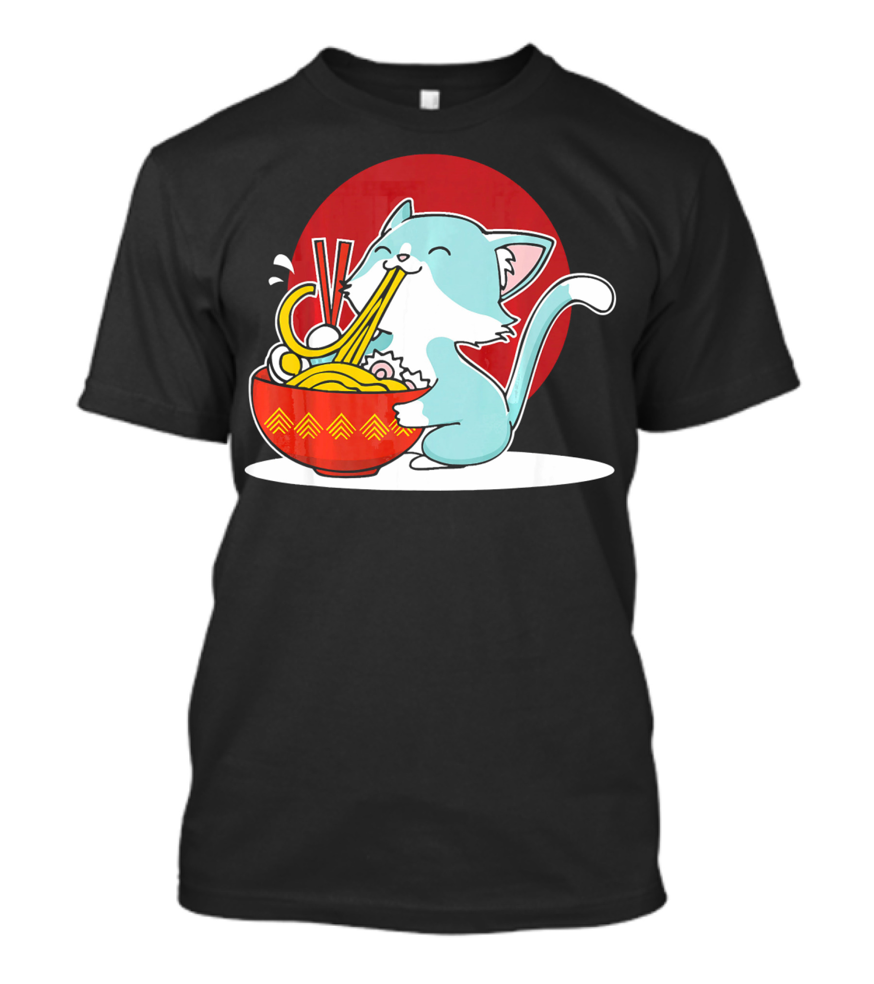 Whimsical Cat Enjoying Japanese Ramen Noodles With Red Circle Background T-Shirt